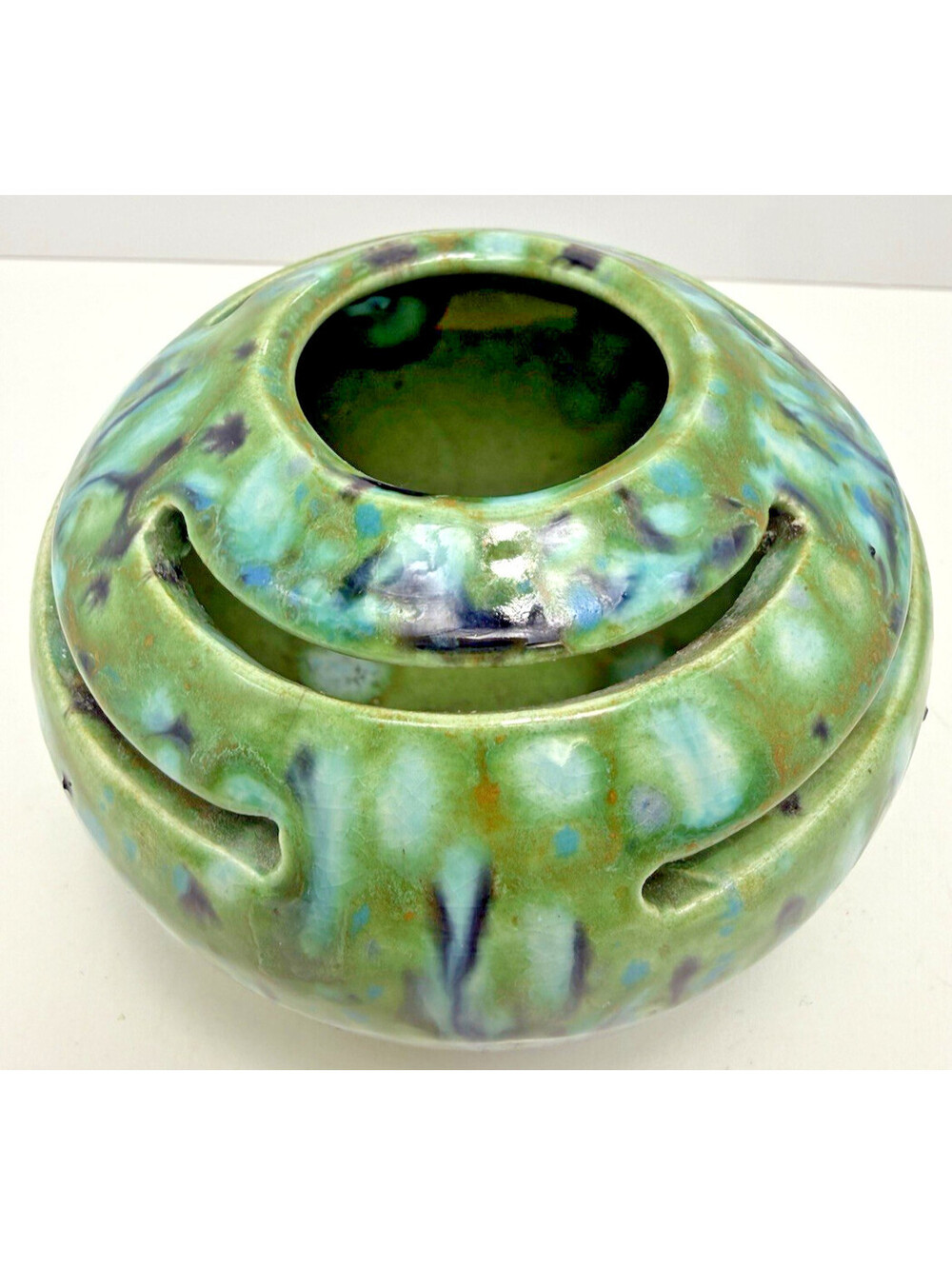 Vtg Drip Glaze Green Blue Small Round Flower Frog Vase Pottery Handmade